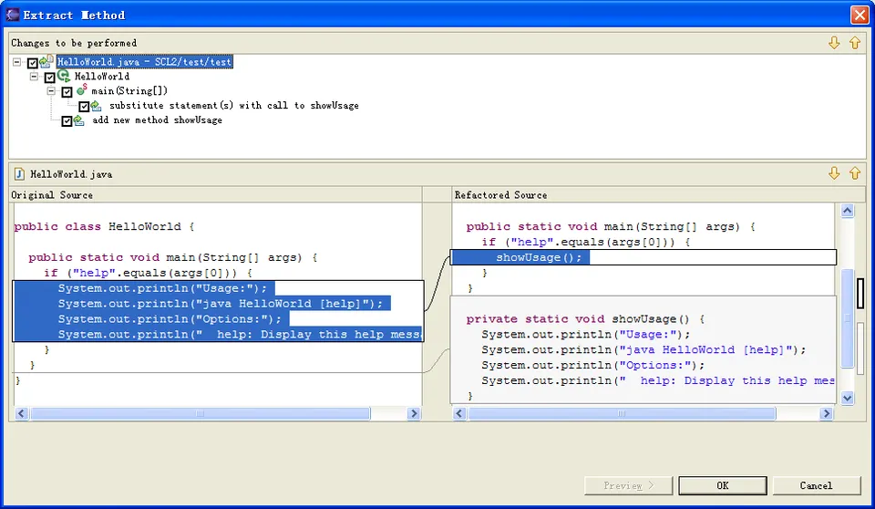 A GUI window showing some Java code before and after refactoring.