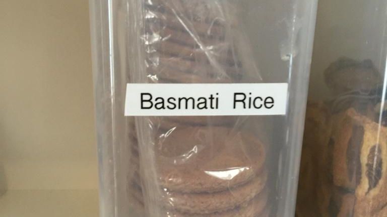 Cookie jar labeled as 'Basmati Rice'