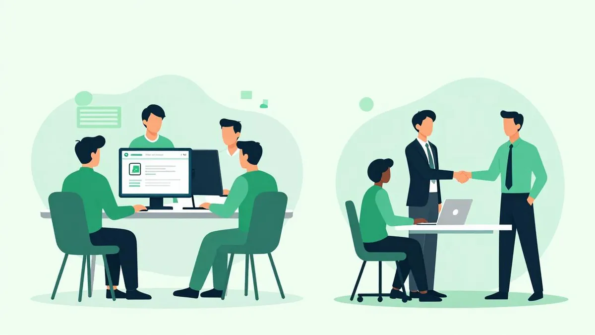Illustration contrasting an internal software team collaborating around a computer with a business person shaking hands with an external consultant