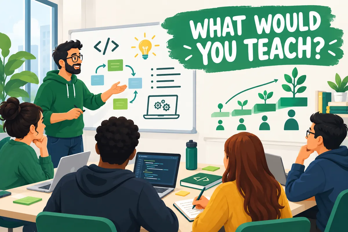 An instructor at a whiteboard, covered in code and diagram sketches, teaching four developers seated around a table with laptops, beside the words "What would you teach?"