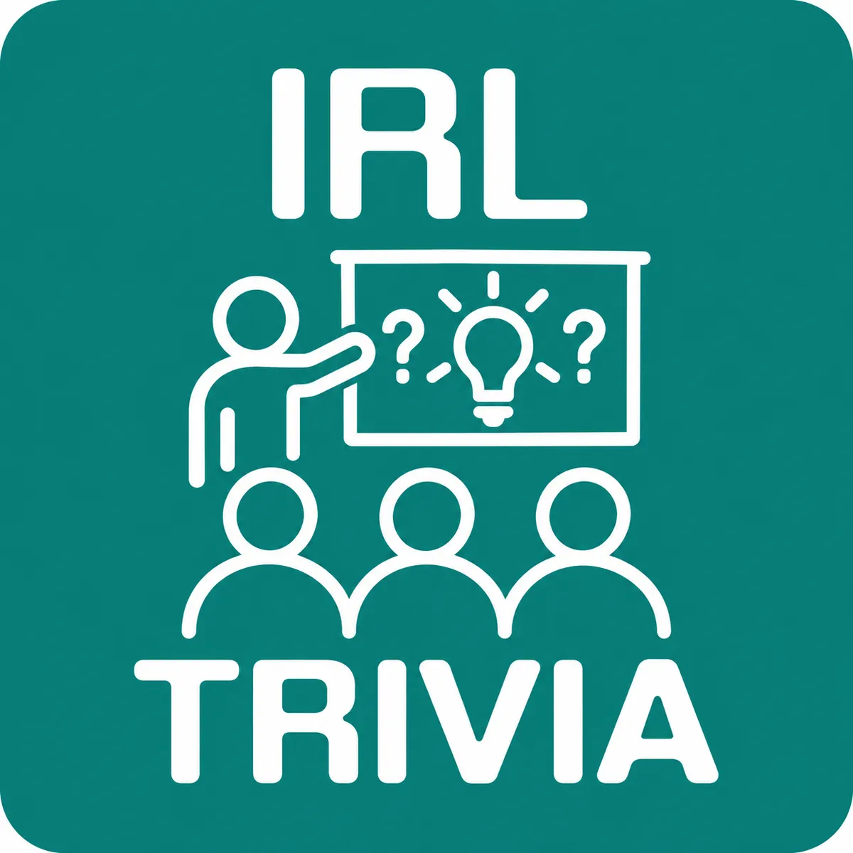 White line-art icon on a teal background with the words "IRL Trivia". A host points at a board showing a lightbulb and question marks while three people watch.