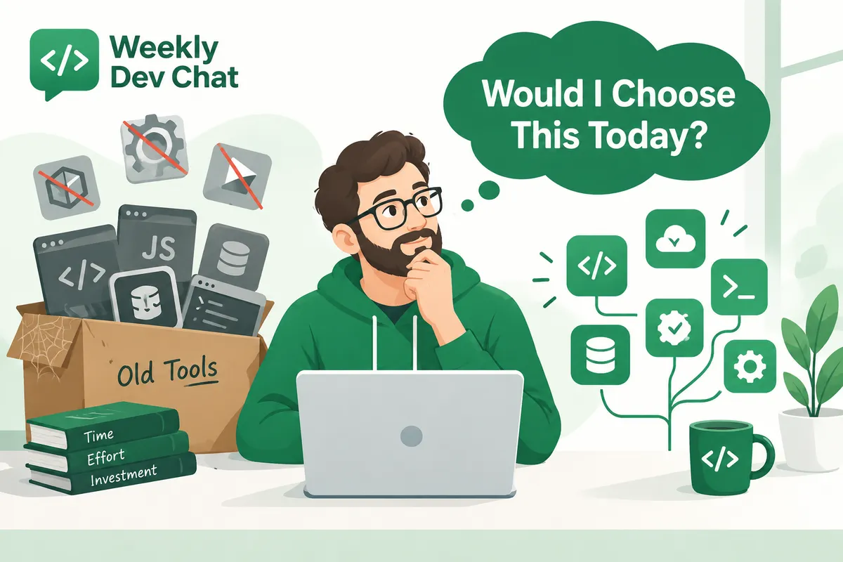 Illustration of a bearded developer at a laptop, hand on chin, with a thought bubble reading "Would I Choose This Today?" Beside him a cobwebbed box labelled "Old Tools" holds greyed-out, crossed-out app icons and sits on books labelled Time, Effort, and Investment, while a network of bright green tool icons grows on the other side