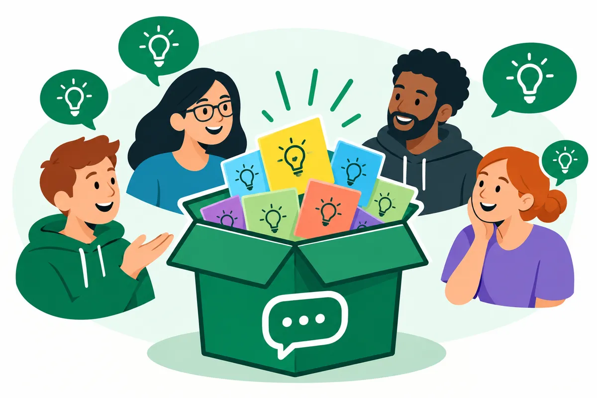 Four people gathered around an open box overflowing with colorful lightbulb idea cards